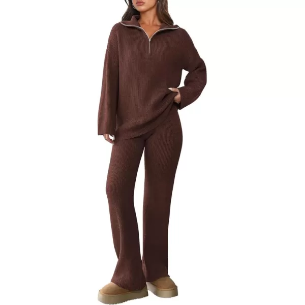 PRETTYGARDEN Womens 2 Piece Sweater Set Long Sleeve Quarter Zip Sweatshirt Wide Leg Pants Fall Outfits TracksuitCoffee