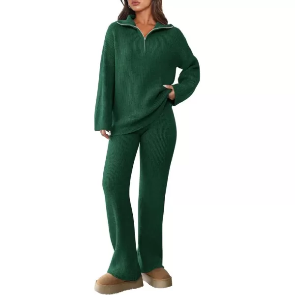 PRETTYGARDEN Womens 2 Piece Sweater Set Long Sleeve Quarter Zip Sweatshirt Wide Leg Pants Fall Outfits TracksuitDark Green