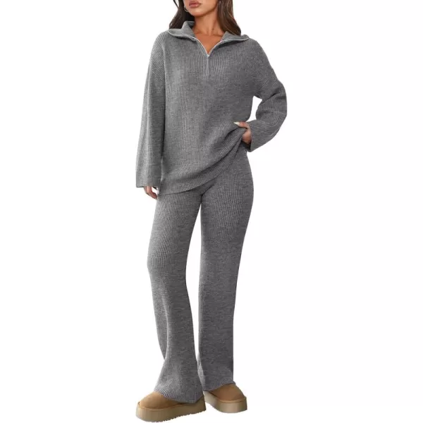 PRETTYGARDEN Womens 2 Piece Sweater Set Long Sleeve Quarter Zip Sweatshirt Wide Leg Pants Fall Outfits TracksuitGrey