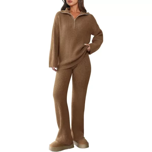PRETTYGARDEN Womens 2 Piece Sweater Set Long Sleeve Quarter Zip Sweatshirt Wide Leg Pants Fall Outfits TracksuitKhaki