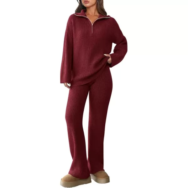 PRETTYGARDEN Womens 2 Piece Sweater Set Long Sleeve Quarter Zip Sweatshirt Wide Leg Pants Fall Outfits TracksuitWine Red
