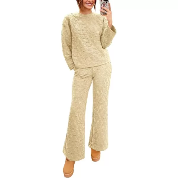 PRETTYGARDEN Womens Quilted 2 Piece Outfit Fall Loungewear Long Sleeve Pullover Top Wide Leg Pants Set TracksuitBeige