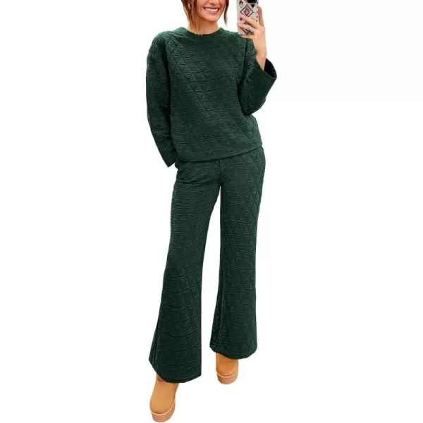 PRETTYGARDEN Womens Quilted 2 Piece Outfit Fall Loungewear Long Sleeve Pullover Top Wide Leg Pants Set TracksuitDark Green