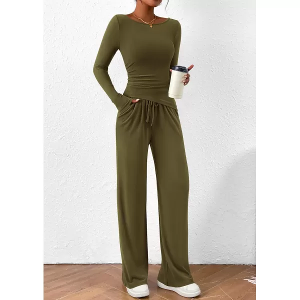 PRETTYGARDEN Womens 2 Piece Lounge Sets Asymmetrical Long Sleeve T Shirt Wide Leg Pants Casual Outfits TracksuitArmy Green