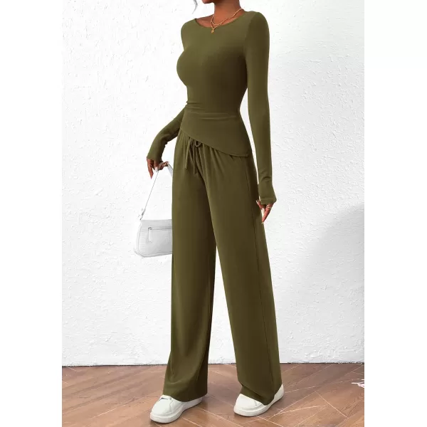 PRETTYGARDEN Womens 2 Piece Lounge Sets Asymmetrical Long Sleeve T Shirt Wide Leg Pants Casual Outfits TracksuitArmy Green