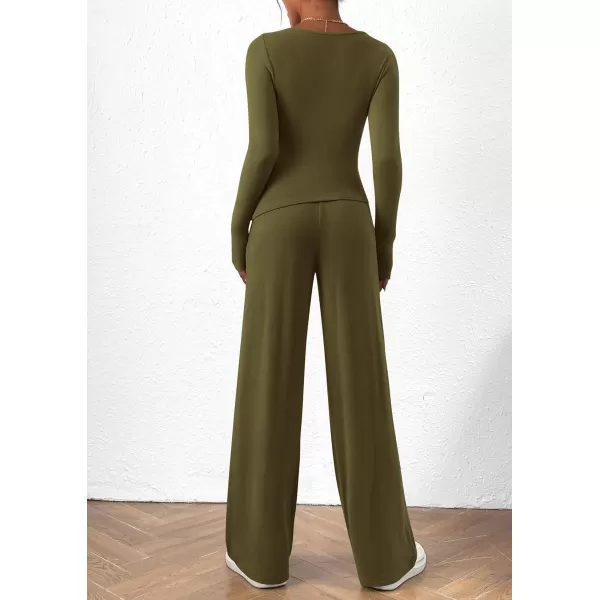 PRETTYGARDEN Womens 2 Piece Lounge Sets Asymmetrical Long Sleeve T Shirt Wide Leg Pants Casual Outfits TracksuitArmy Green