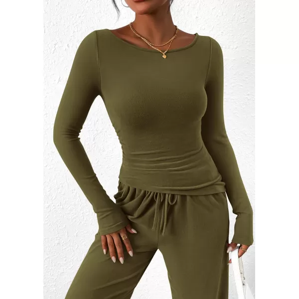 PRETTYGARDEN Womens 2 Piece Lounge Sets Asymmetrical Long Sleeve T Shirt Wide Leg Pants Casual Outfits TracksuitArmy Green