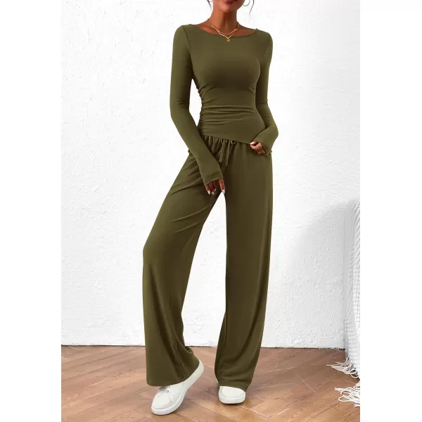 PRETTYGARDEN Womens 2 Piece Lounge Sets Asymmetrical Long Sleeve T Shirt Wide Leg Pants Casual Outfits TracksuitArmy Green