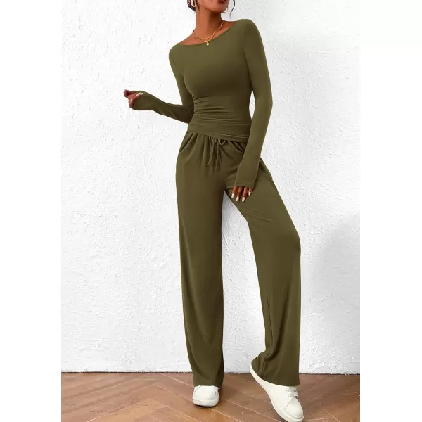 PRETTYGARDEN Womens 2 Piece Lounge Sets Asymmetrical Long Sleeve T Shirt Wide Leg Pants Casual Outfits TracksuitArmy Green