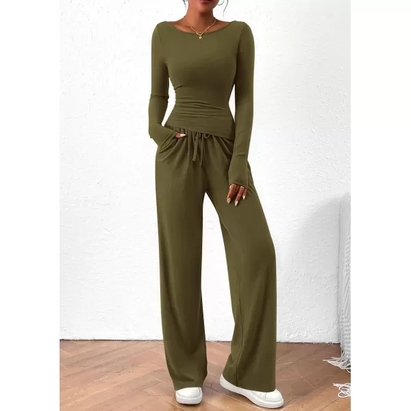 PRETTYGARDEN Womens 2 Piece Lounge Sets Asymmetrical Long Sleeve T Shirt Wide Leg Pants Casual Outfits TracksuitArmy Green