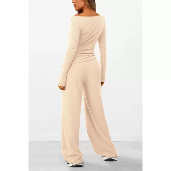 PRETTYGARDEN Womens 2 Piece Lounge Sets Asymmetrical Long Sleeve T Shirt Wide Leg Pants Casual Outfits TracksuitBeige
