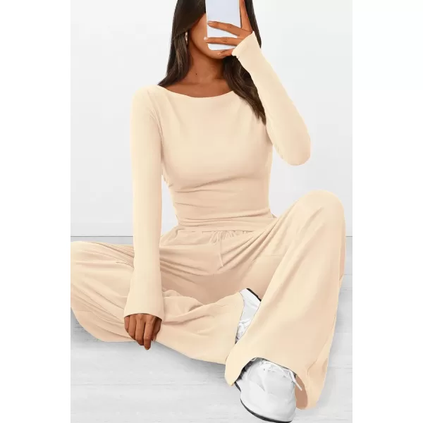 PRETTYGARDEN Womens 2 Piece Lounge Sets Asymmetrical Long Sleeve T Shirt Wide Leg Pants Casual Outfits TracksuitBeige