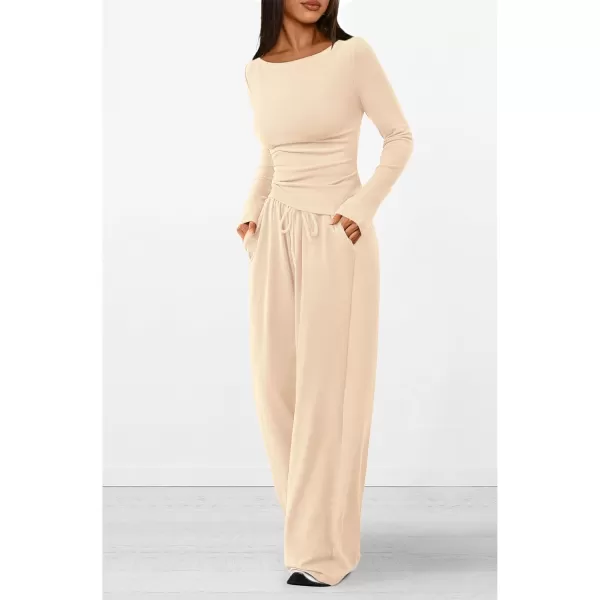 PRETTYGARDEN Womens 2 Piece Lounge Sets Asymmetrical Long Sleeve T Shirt Wide Leg Pants Casual Outfits TracksuitBeige