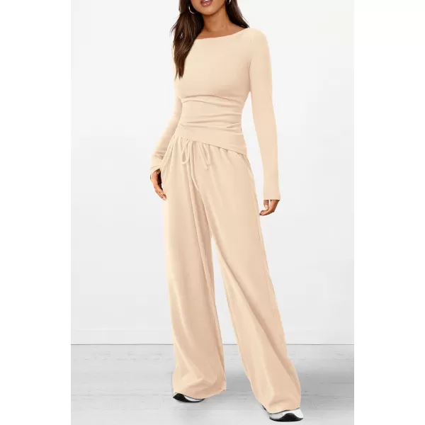 PRETTYGARDEN Womens 2 Piece Lounge Sets Asymmetrical Long Sleeve T Shirt Wide Leg Pants Casual Outfits TracksuitBeige