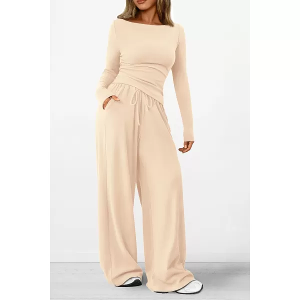 PRETTYGARDEN Womens 2 Piece Lounge Sets Asymmetrical Long Sleeve T Shirt Wide Leg Pants Casual Outfits TracksuitBeige