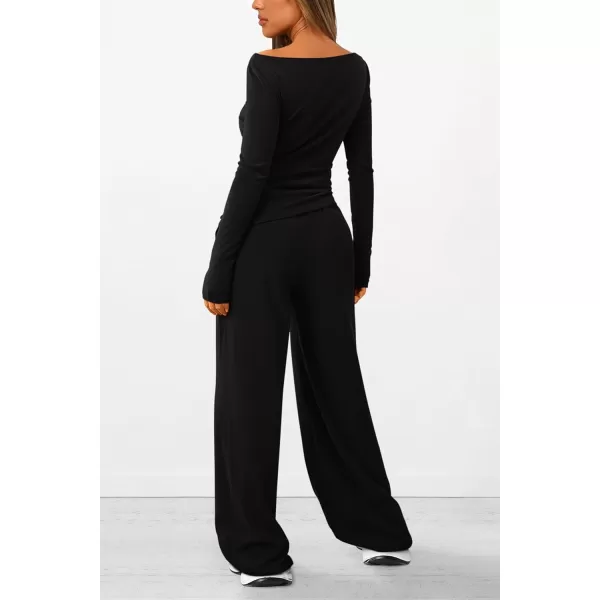 PRETTYGARDEN Womens 2 Piece Lounge Sets Asymmetrical Long Sleeve T Shirt Wide Leg Pants Casual Outfits TracksuitBlack