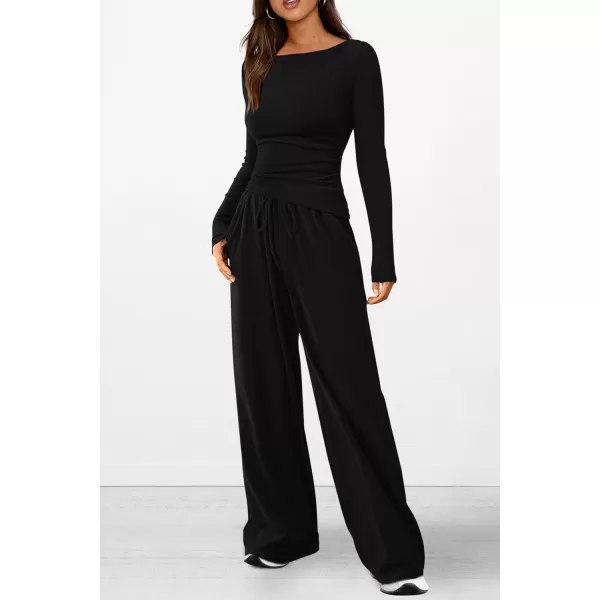 PRETTYGARDEN Womens 2 Piece Lounge Sets Asymmetrical Long Sleeve T Shirt Wide Leg Pants Casual Outfits TracksuitBlack