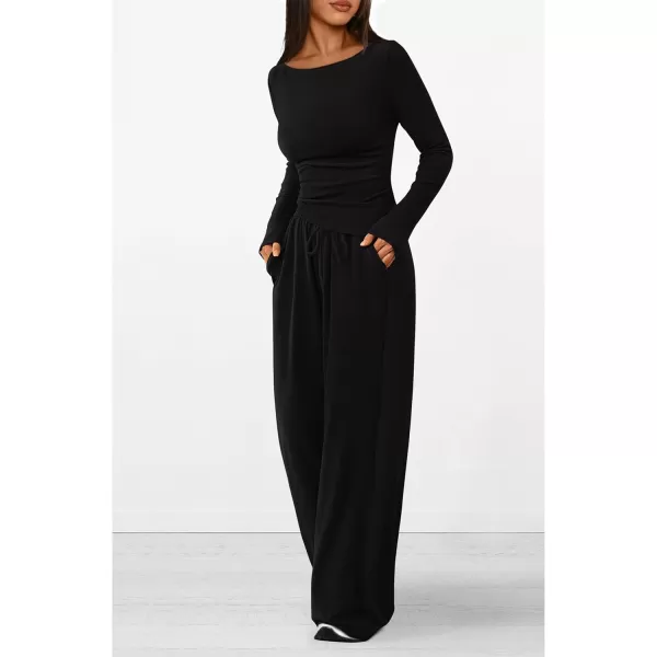PRETTYGARDEN Womens 2 Piece Lounge Sets Asymmetrical Long Sleeve T Shirt Wide Leg Pants Casual Outfits TracksuitBlack