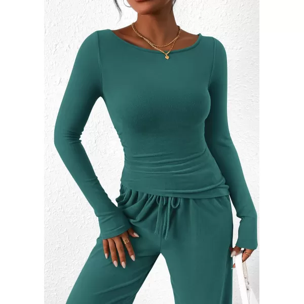 PRETTYGARDEN Womens 2 Piece Lounge Sets Asymmetrical Long Sleeve T Shirt Wide Leg Pants Casual Outfits TracksuitBlue Green
