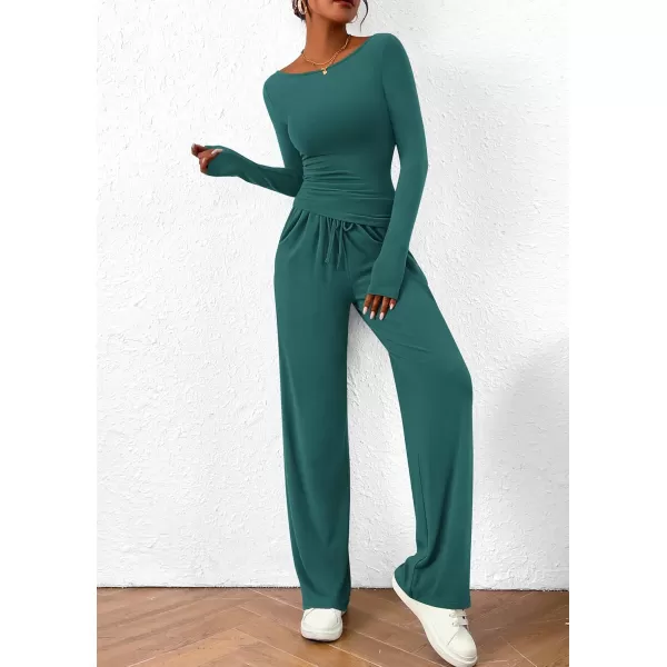 PRETTYGARDEN Womens 2 Piece Lounge Sets Asymmetrical Long Sleeve T Shirt Wide Leg Pants Casual Outfits TracksuitBlue Green