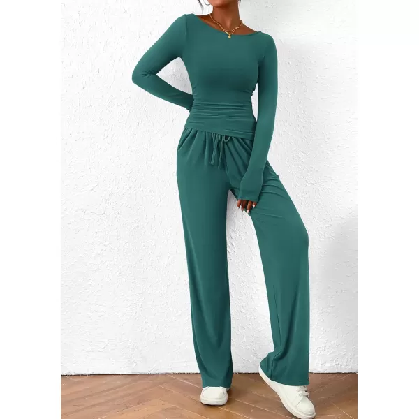 PRETTYGARDEN Womens 2 Piece Lounge Sets Asymmetrical Long Sleeve T Shirt Wide Leg Pants Casual Outfits TracksuitBlue Green