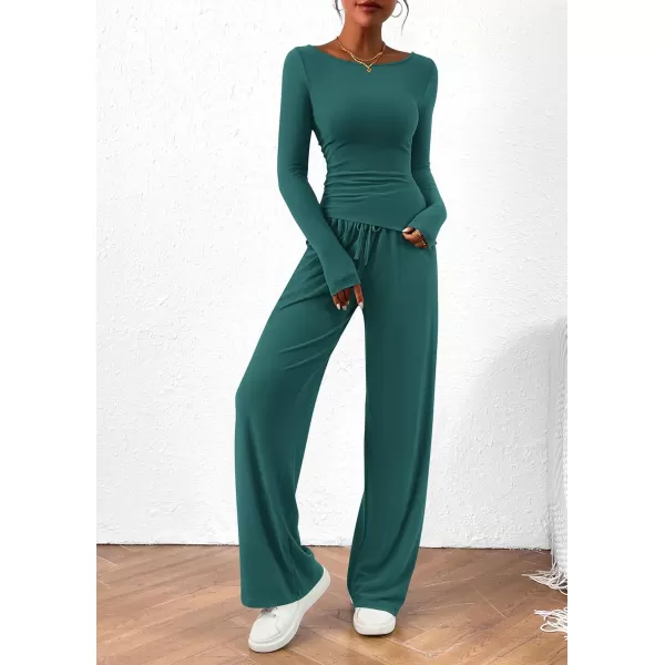 PRETTYGARDEN Womens 2 Piece Lounge Sets Asymmetrical Long Sleeve T Shirt Wide Leg Pants Casual Outfits TracksuitBlue Green