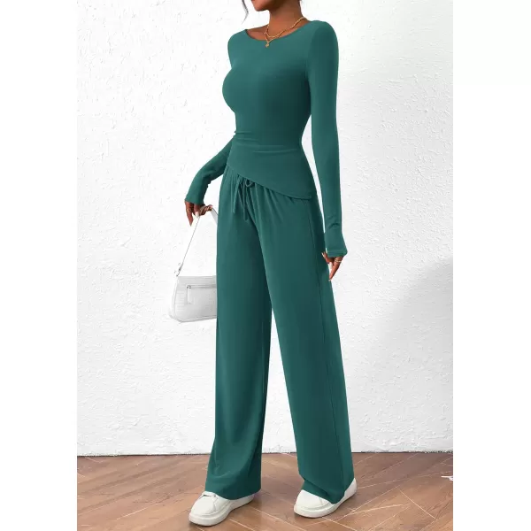 PRETTYGARDEN Womens 2 Piece Lounge Sets Asymmetrical Long Sleeve T Shirt Wide Leg Pants Casual Outfits TracksuitBlue Green