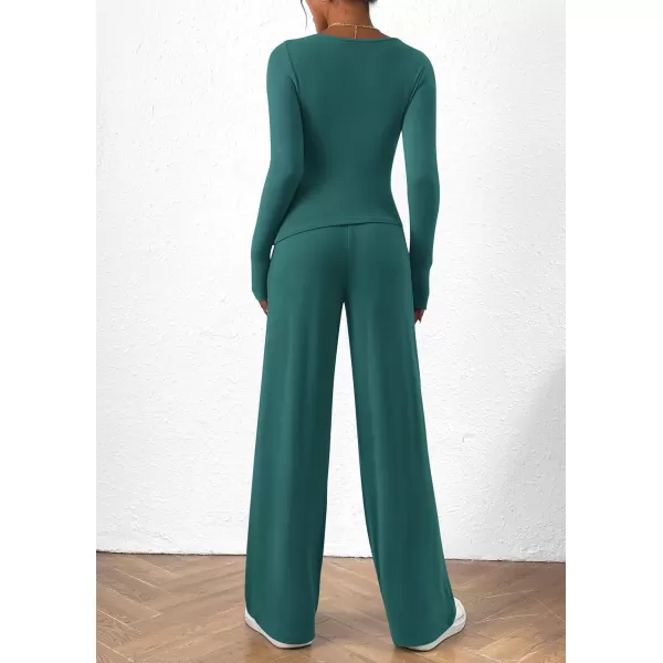 PRETTYGARDEN Womens 2 Piece Lounge Sets Asymmetrical Long Sleeve T Shirt Wide Leg Pants Casual Outfits TracksuitBlue Green