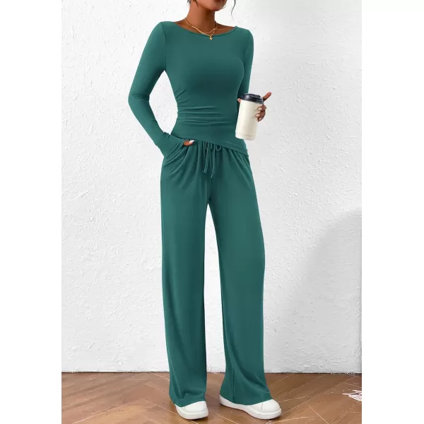 PRETTYGARDEN Womens 2 Piece Lounge Sets Asymmetrical Long Sleeve T Shirt Wide Leg Pants Casual Outfits TracksuitBlue Green