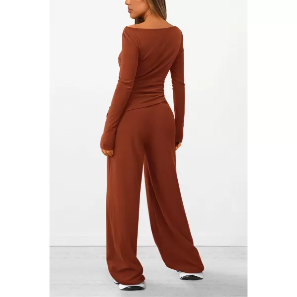 PRETTYGARDEN Womens 2 Piece Lounge Sets Asymmetrical Long Sleeve T Shirt Wide Leg Pants Casual Outfits TracksuitBrick Red