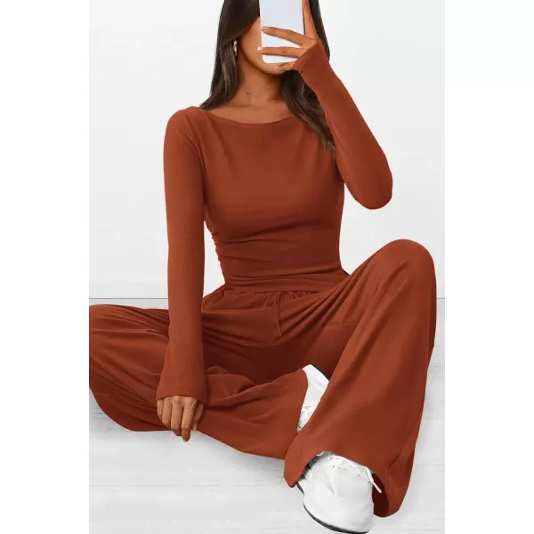 PRETTYGARDEN Womens 2 Piece Lounge Sets Asymmetrical Long Sleeve T Shirt Wide Leg Pants Casual Outfits TracksuitBrick Red