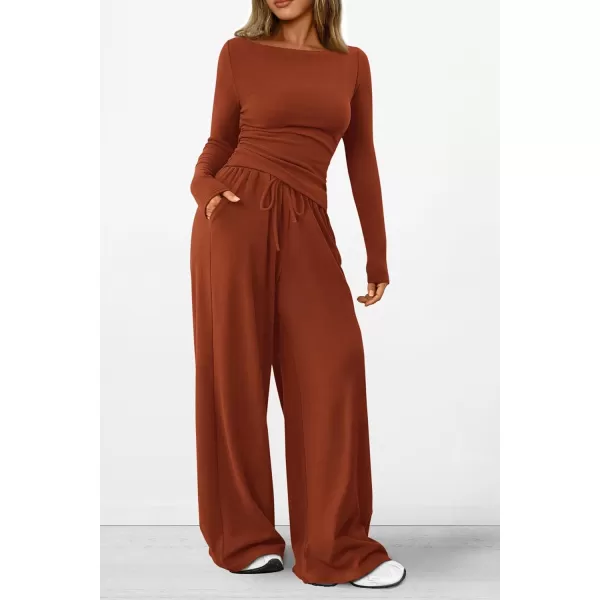 PRETTYGARDEN Womens 2 Piece Lounge Sets Asymmetrical Long Sleeve T Shirt Wide Leg Pants Casual Outfits TracksuitBrick Red