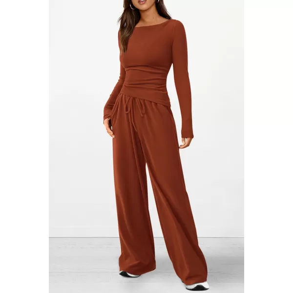 PRETTYGARDEN Womens 2 Piece Lounge Sets Asymmetrical Long Sleeve T Shirt Wide Leg Pants Casual Outfits TracksuitBrick Red