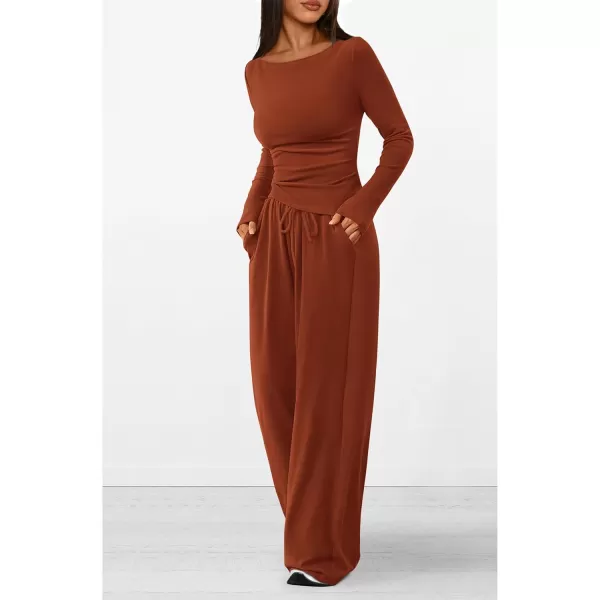 PRETTYGARDEN Womens 2 Piece Lounge Sets Asymmetrical Long Sleeve T Shirt Wide Leg Pants Casual Outfits TracksuitBrick Red