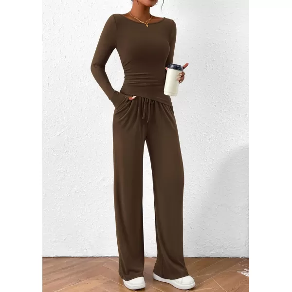 PRETTYGARDEN Womens 2 Piece Lounge Sets Asymmetrical Long Sleeve T Shirt Wide Leg Pants Casual Outfits TracksuitBrown