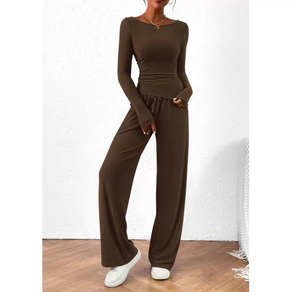 PRETTYGARDEN Womens 2 Piece Lounge Sets Asymmetrical Long Sleeve T Shirt Wide Leg Pants Casual Outfits TracksuitBrown