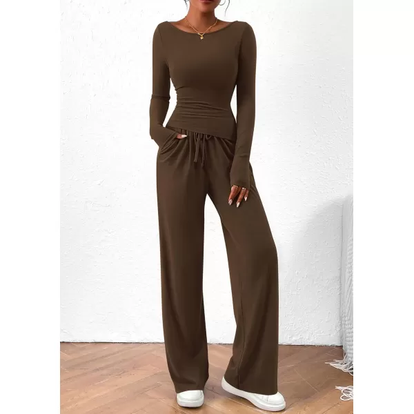 PRETTYGARDEN Womens 2 Piece Lounge Sets Asymmetrical Long Sleeve T Shirt Wide Leg Pants Casual Outfits TracksuitBrown