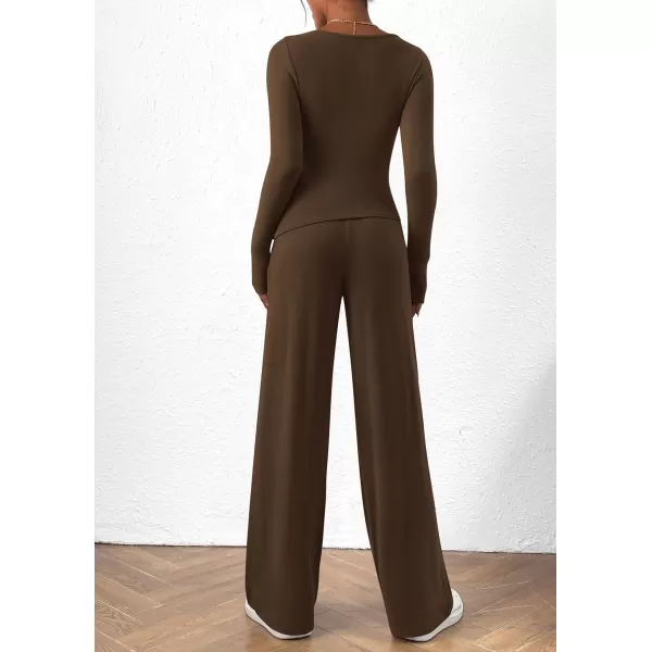 PRETTYGARDEN Womens 2 Piece Lounge Sets Asymmetrical Long Sleeve T Shirt Wide Leg Pants Casual Outfits TracksuitBrown