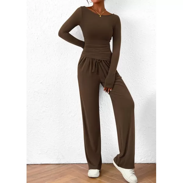 PRETTYGARDEN Womens 2 Piece Lounge Sets Asymmetrical Long Sleeve T Shirt Wide Leg Pants Casual Outfits TracksuitBrown