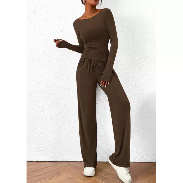 PRETTYGARDEN Womens 2 Piece Lounge Sets Asymmetrical Long Sleeve T Shirt Wide Leg Pants Casual Outfits TracksuitBrown
