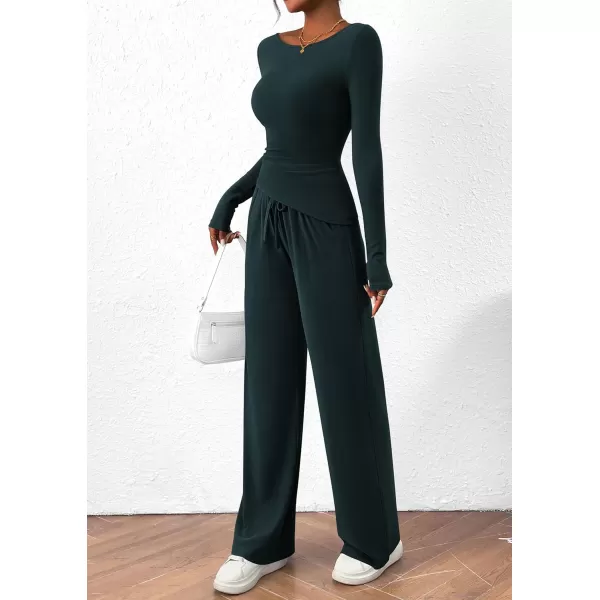 PRETTYGARDEN Womens 2 Piece Lounge Sets Asymmetrical Long Sleeve T Shirt Wide Leg Pants Casual Outfits TracksuitDark Blue