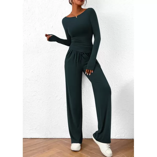 PRETTYGARDEN Womens 2 Piece Lounge Sets Asymmetrical Long Sleeve T Shirt Wide Leg Pants Casual Outfits TracksuitDark Blue