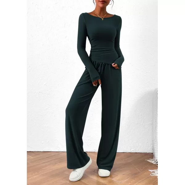 PRETTYGARDEN Womens 2 Piece Lounge Sets Asymmetrical Long Sleeve T Shirt Wide Leg Pants Casual Outfits TracksuitDark Blue
