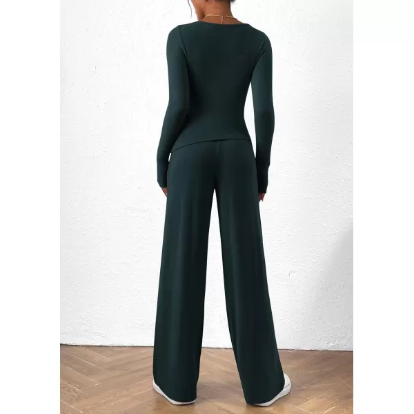 PRETTYGARDEN Womens 2 Piece Lounge Sets Asymmetrical Long Sleeve T Shirt Wide Leg Pants Casual Outfits TracksuitDark Blue
