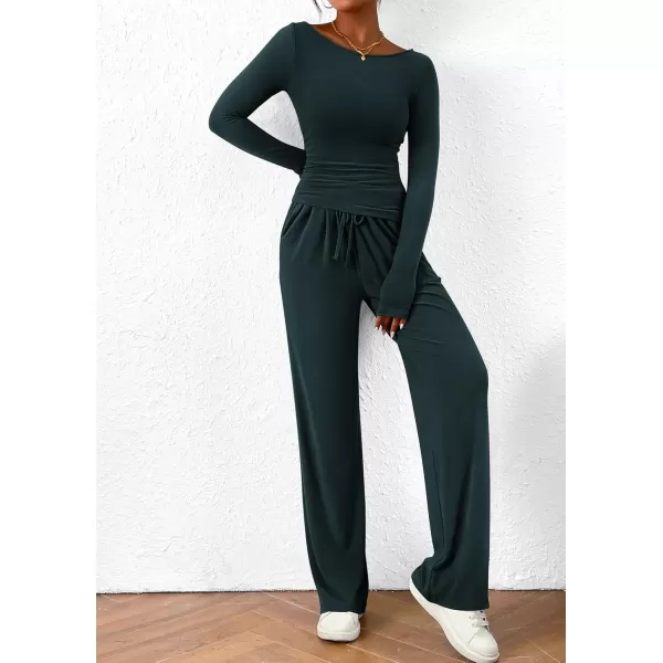 PRETTYGARDEN Womens 2 Piece Lounge Sets Asymmetrical Long Sleeve T Shirt Wide Leg Pants Casual Outfits TracksuitDark Blue