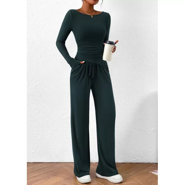 PRETTYGARDEN Womens 2 Piece Lounge Sets Asymmetrical Long Sleeve T Shirt Wide Leg Pants Casual Outfits TracksuitDark Blue