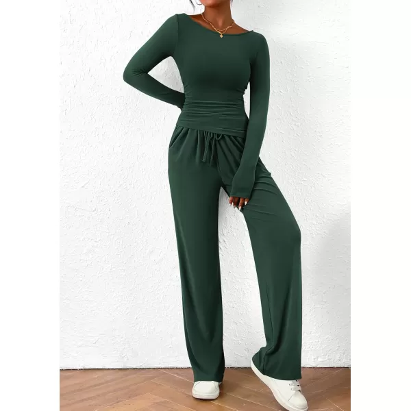 PRETTYGARDEN Womens 2 Piece Lounge Sets Asymmetrical Long Sleeve T Shirt Wide Leg Pants Casual Outfits TracksuitDark Green