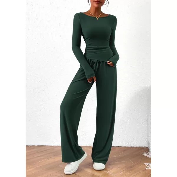 PRETTYGARDEN Womens 2 Piece Lounge Sets Asymmetrical Long Sleeve T Shirt Wide Leg Pants Casual Outfits TracksuitDark Green