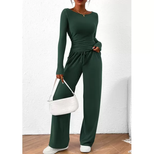 PRETTYGARDEN Womens 2 Piece Lounge Sets Asymmetrical Long Sleeve T Shirt Wide Leg Pants Casual Outfits TracksuitDark Green