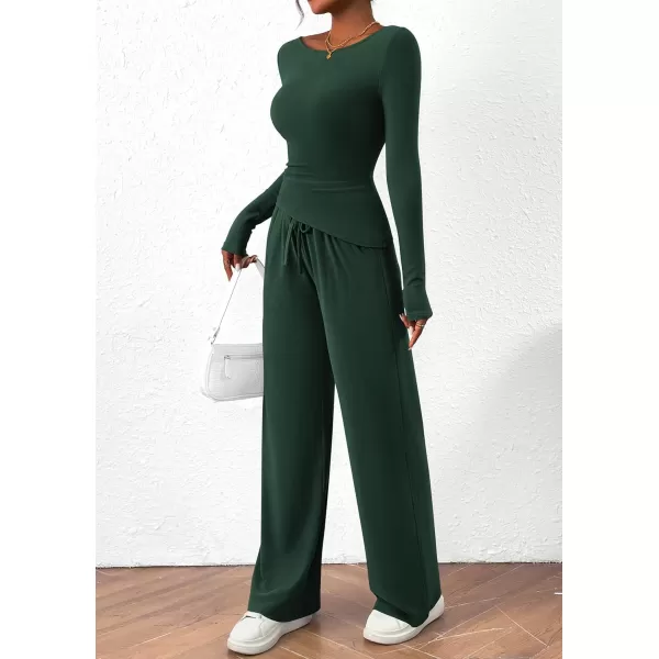 PRETTYGARDEN Womens 2 Piece Lounge Sets Asymmetrical Long Sleeve T Shirt Wide Leg Pants Casual Outfits TracksuitDark Green